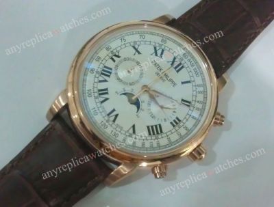 Best Patek Philippe Copy Watch - Patek Philippe Moon Phase Rose Gold Brown Leather Strap